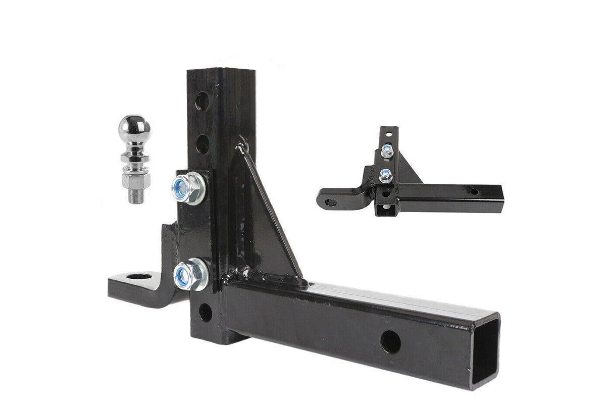 Close up of adjustable height settings on trailer tow hitch ball mount