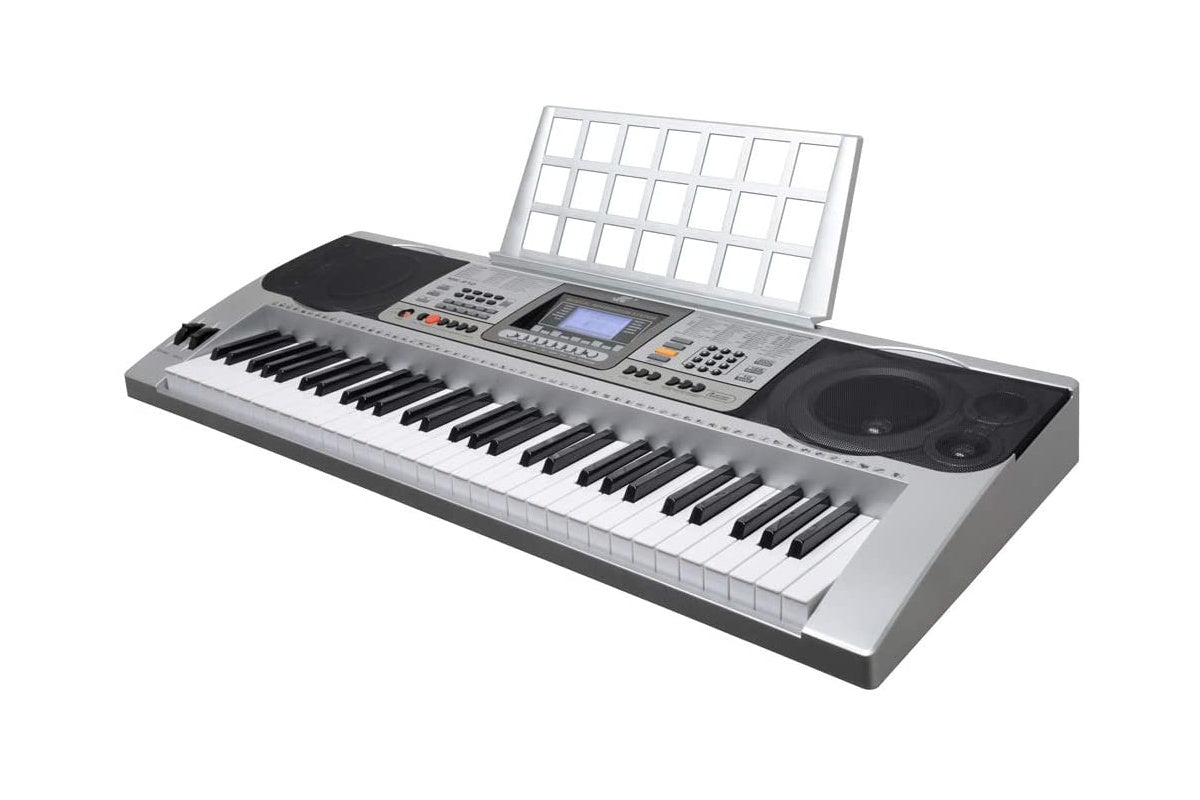 Side angle of silver electronic keyboard piano with LCD display