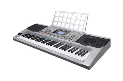 Side angle of silver electronic keyboard piano with LCD display