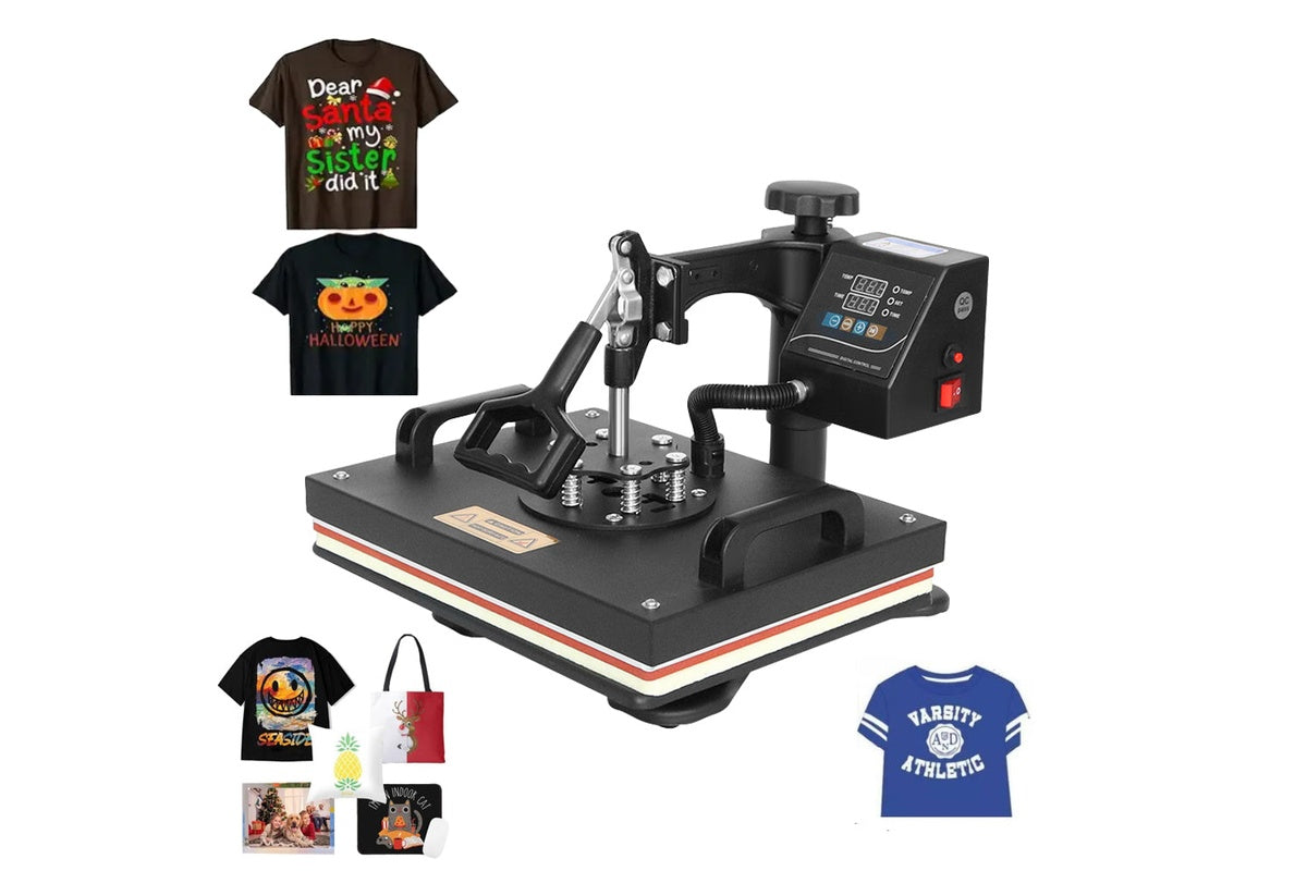Close up of heat press machine LCD display with timer and temperature