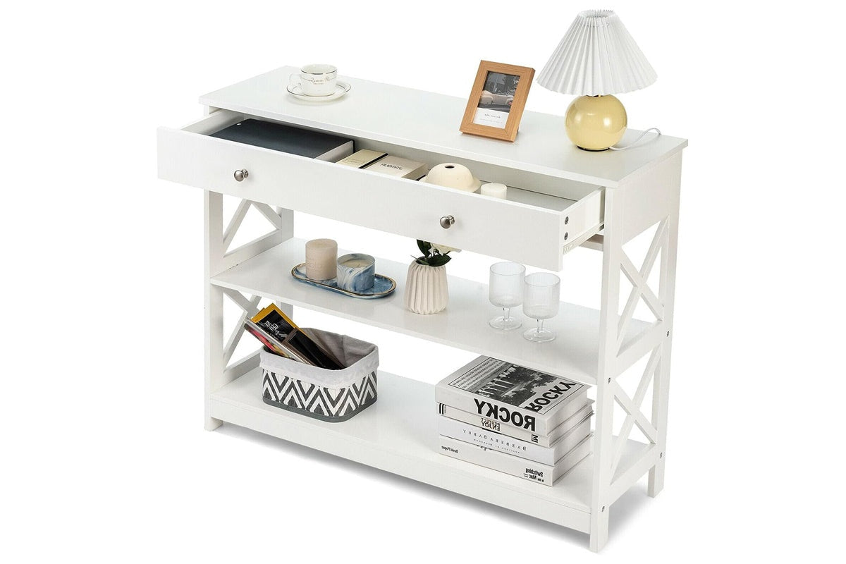 Side angle of console table showing metal frame and drawer