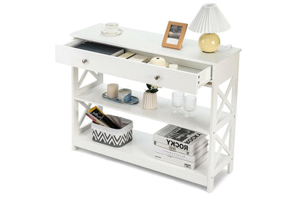 Side angle of console table showing metal frame and drawer