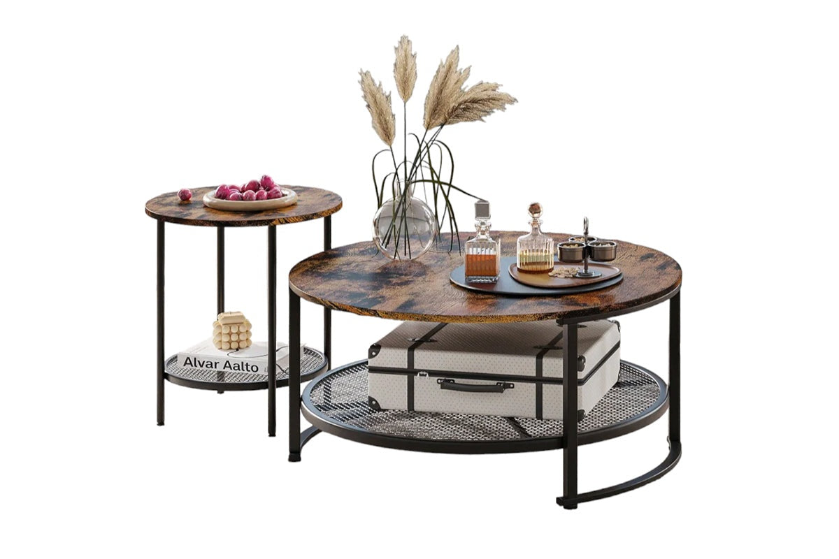 Top view of coffee table showing wood finish and metal frame