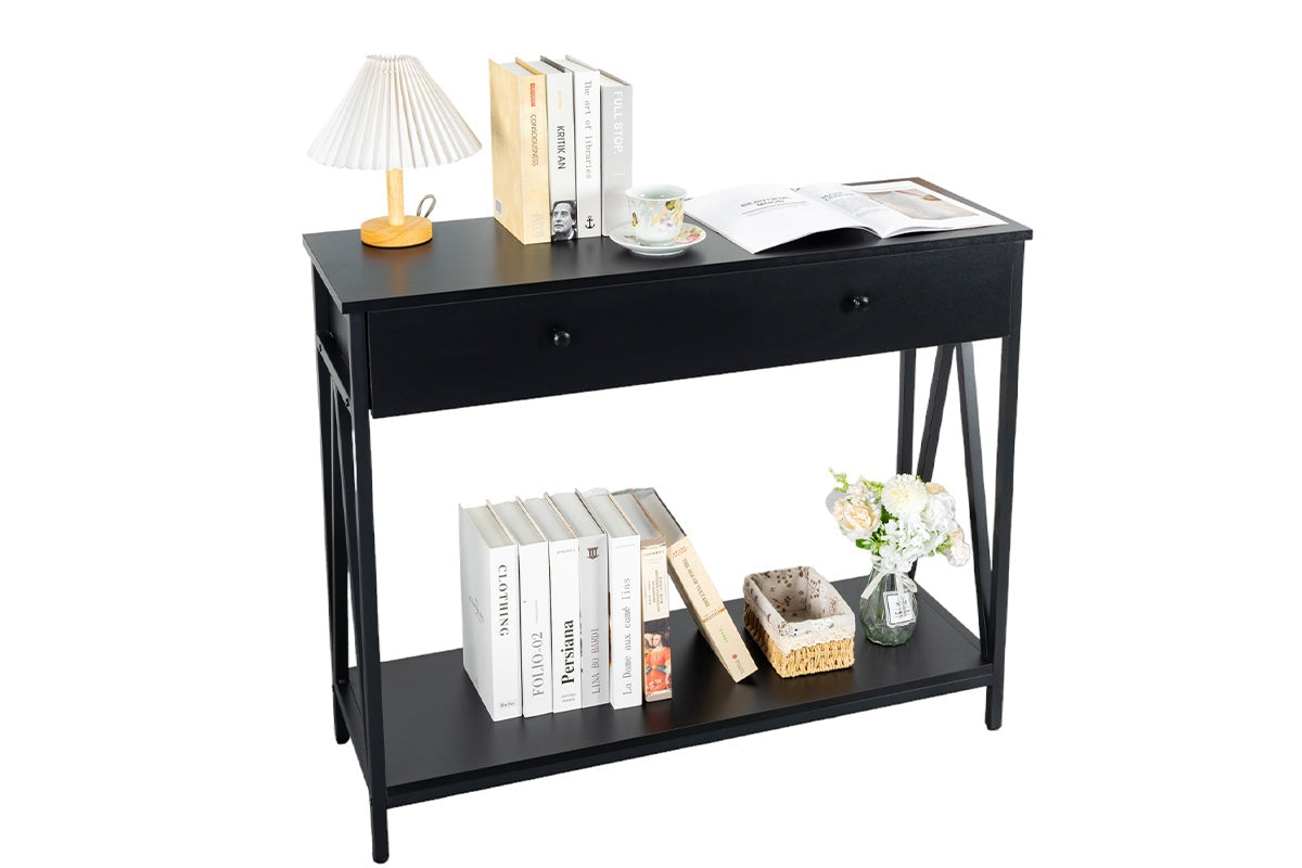 Side angle of console table hallway entry table showing metal frame