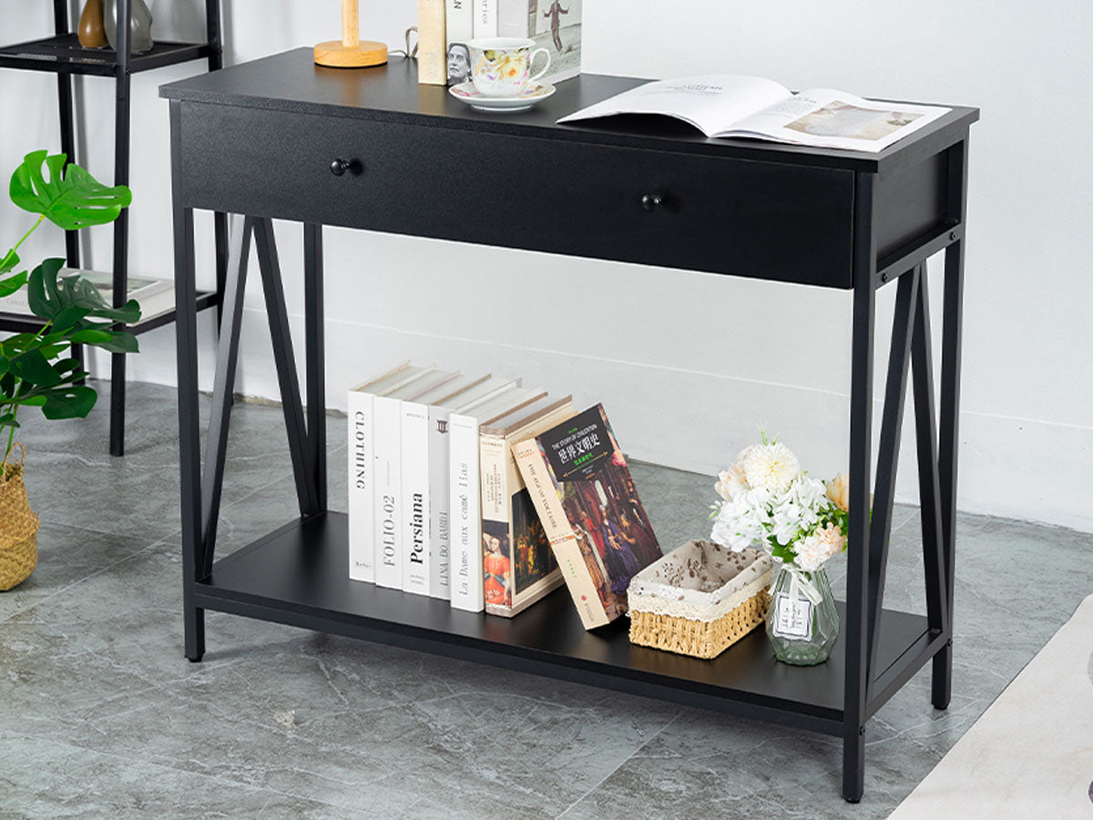 Close up of large drawer on console table hallway entry table