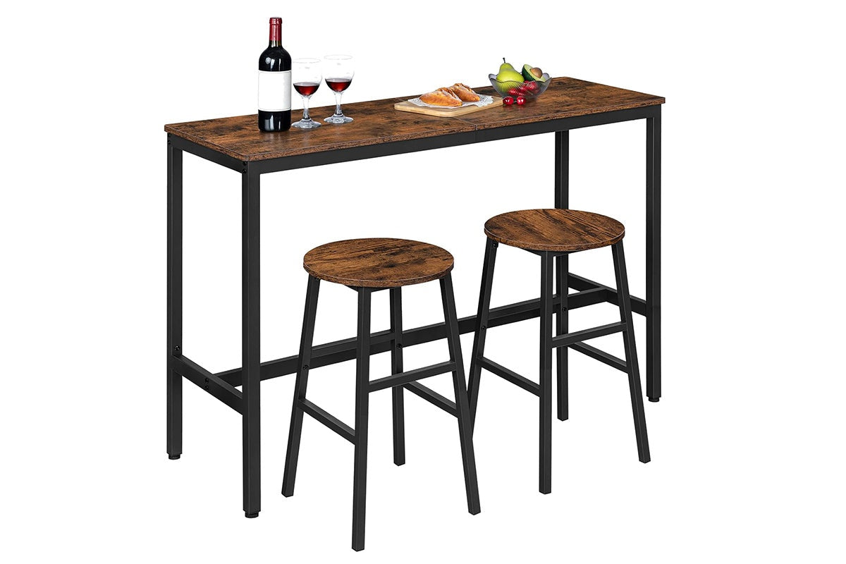 Side view of rustic bar table with sturdy frame and footrest