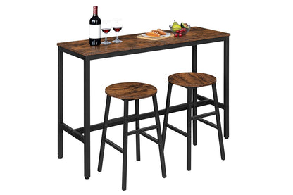 Side view of rustic bar table with sturdy frame and footrest