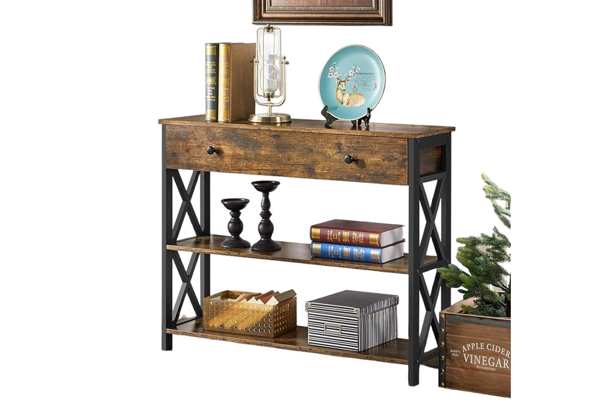 Rustic brown console table showing metal frame and MDF top