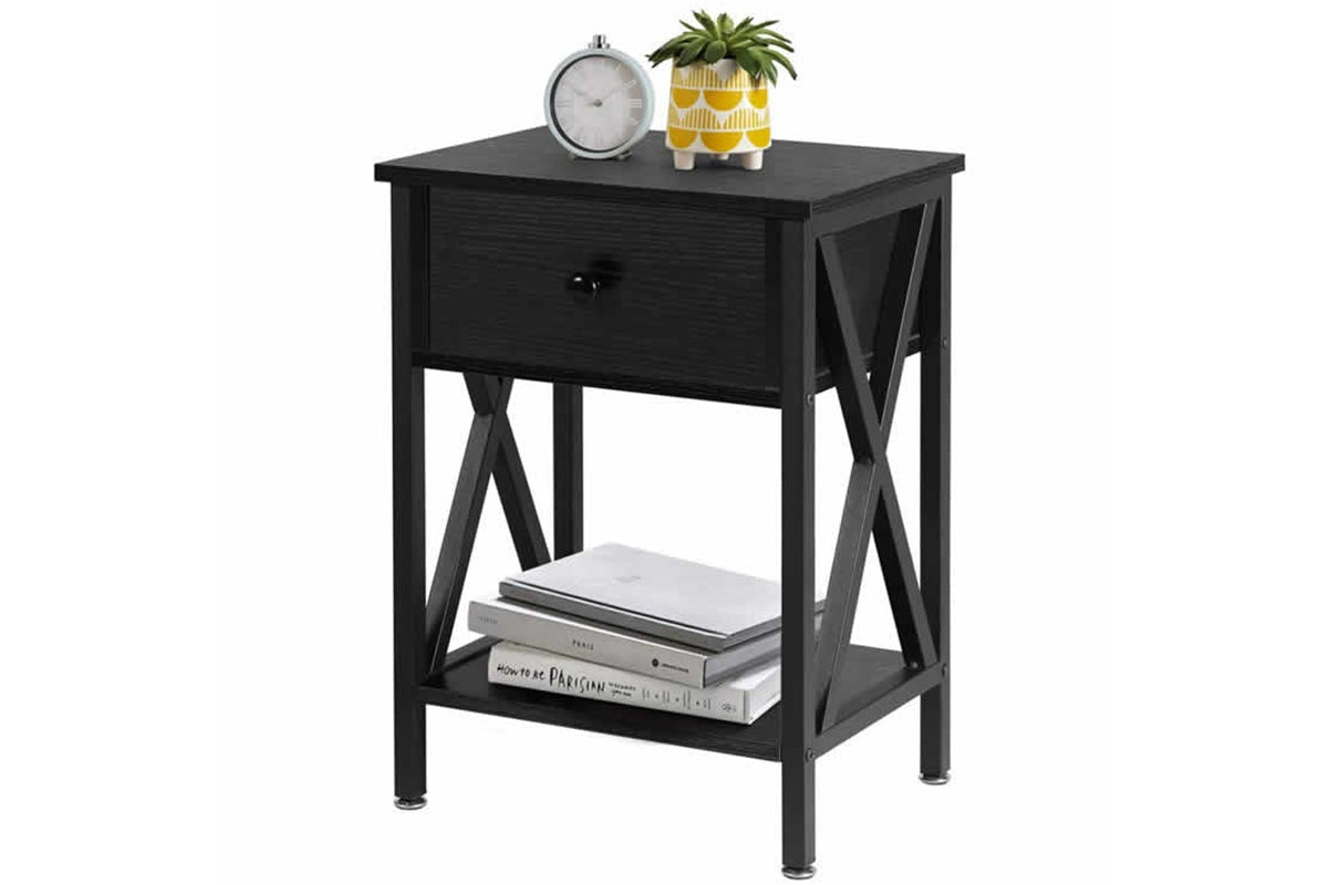 Side view of bedside table with open bottom shelf
