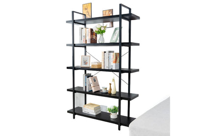 Side view of book cabinet bookshelf highlighting metal frame and wood shelves