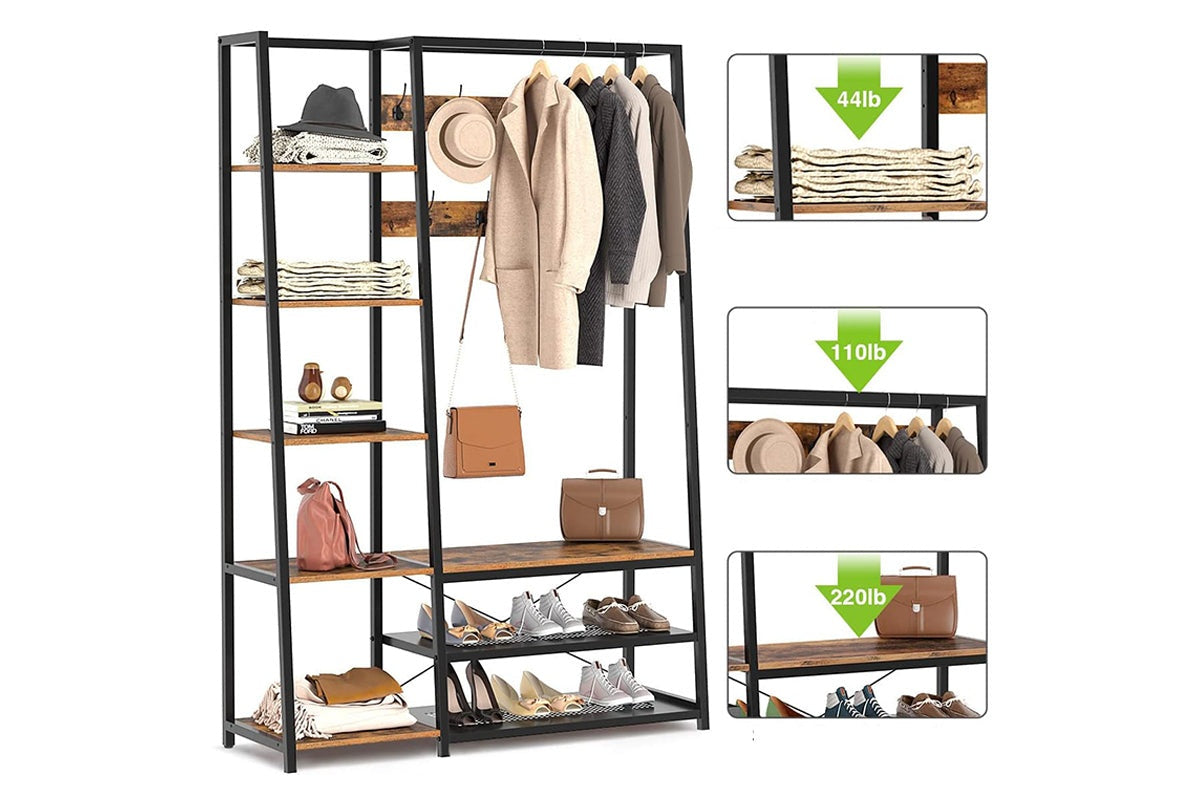 Side view of coat rack clothes rack stand with shoe bench