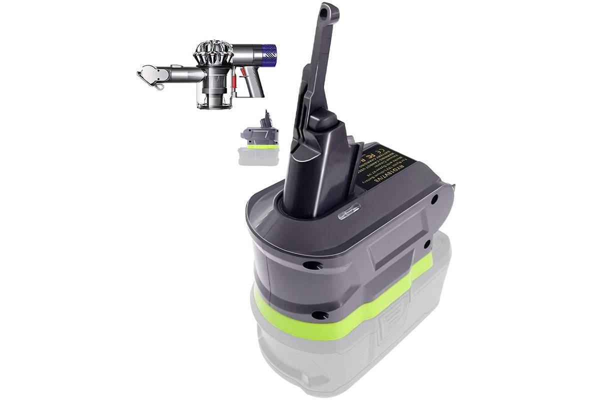 Side angle of Ryobi to Dyson battery adapter in black plastic