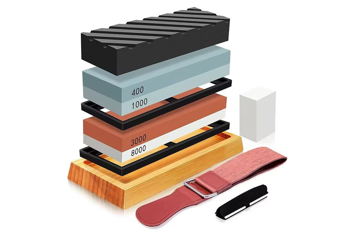Close up of 3000 and 8000 grit water stones in knife sharpening kit