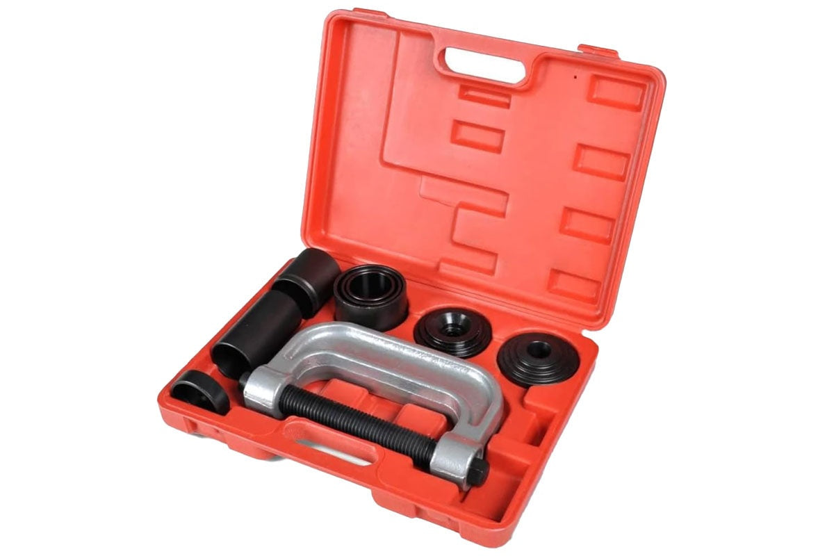 Close up of chrome vanadium steel adapters in ball joint press kit
