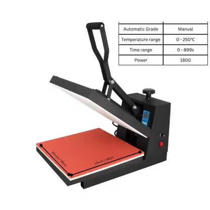 Close-up of 15x15cm platen on heat press machine for t-shirts