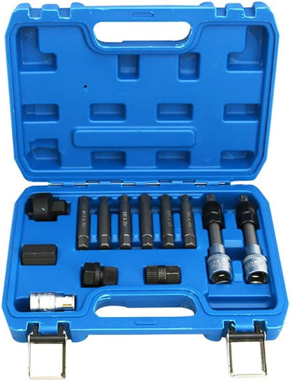 Compact alternator pulley tool kit ready for workshop use