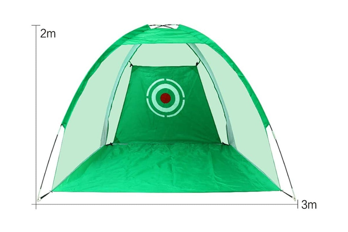 Side angle of golf practice net with tent shape design