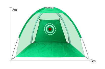 Side angle of golf practice net with tent shape design