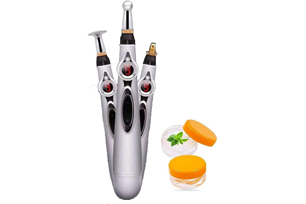 Side view of acupuncture pen with spheroidal probe attached