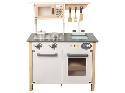 Side angle of wooden kitchen playset with storage compartments