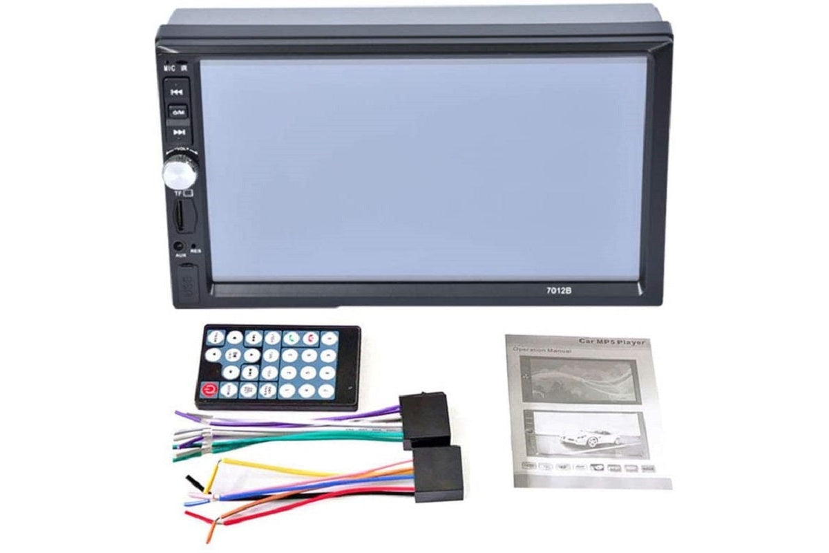 Side angle of 7 inch double DIN car stereo showing metal and plastic body