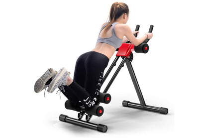 Side angle of abdominal trainer showing steel frame and wide base