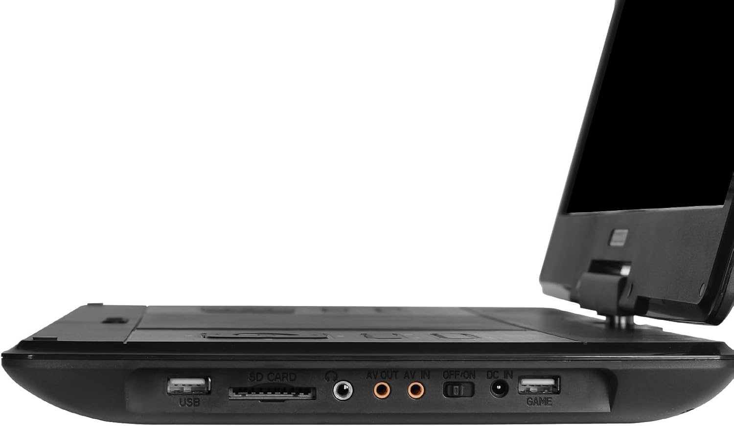 Back view showing power and AV connections on portable DVD player