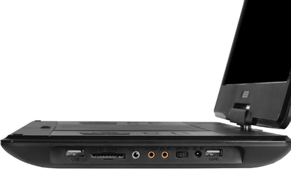 Back view showing power and AV connections on portable DVD player