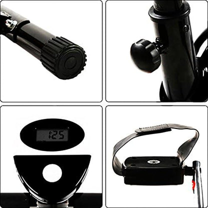 Exercise bike in home gym setting with wooden floor