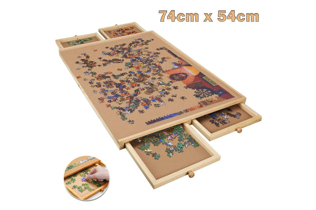 Close up of puzzle table sliding drawer for piece storage