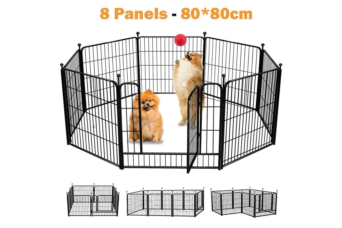 Foldable dog playpen with eight panels arranged in square shape