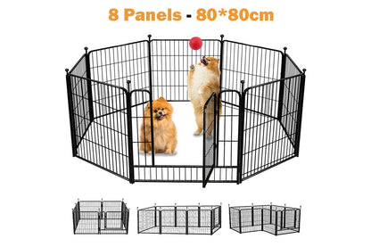 Foldable dog playpen with eight panels arranged in square shape