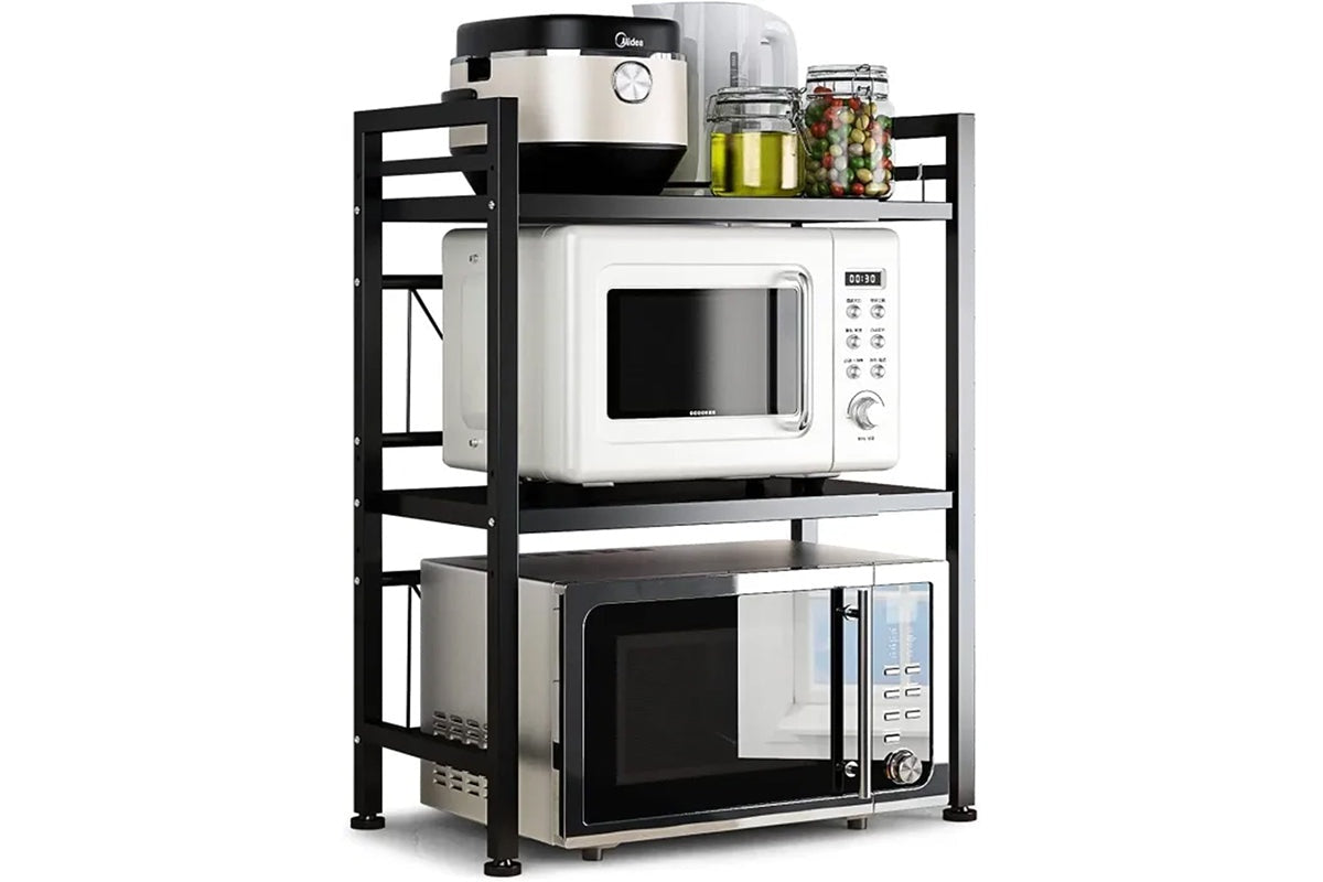 Black steel microwave kitchen shelf rack with sturdy frame