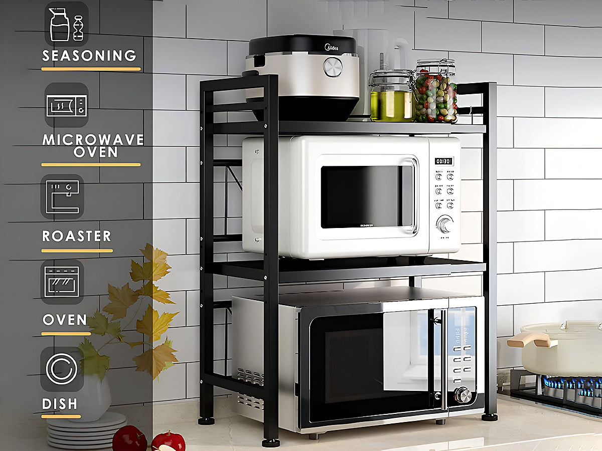 Top angle of microwave kitchen shelf rack holding kitchen items