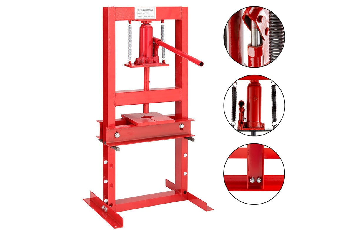 Side angle of hydraulic workshop press showing steel frame