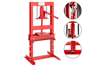Side angle of hydraulic workshop press showing steel frame