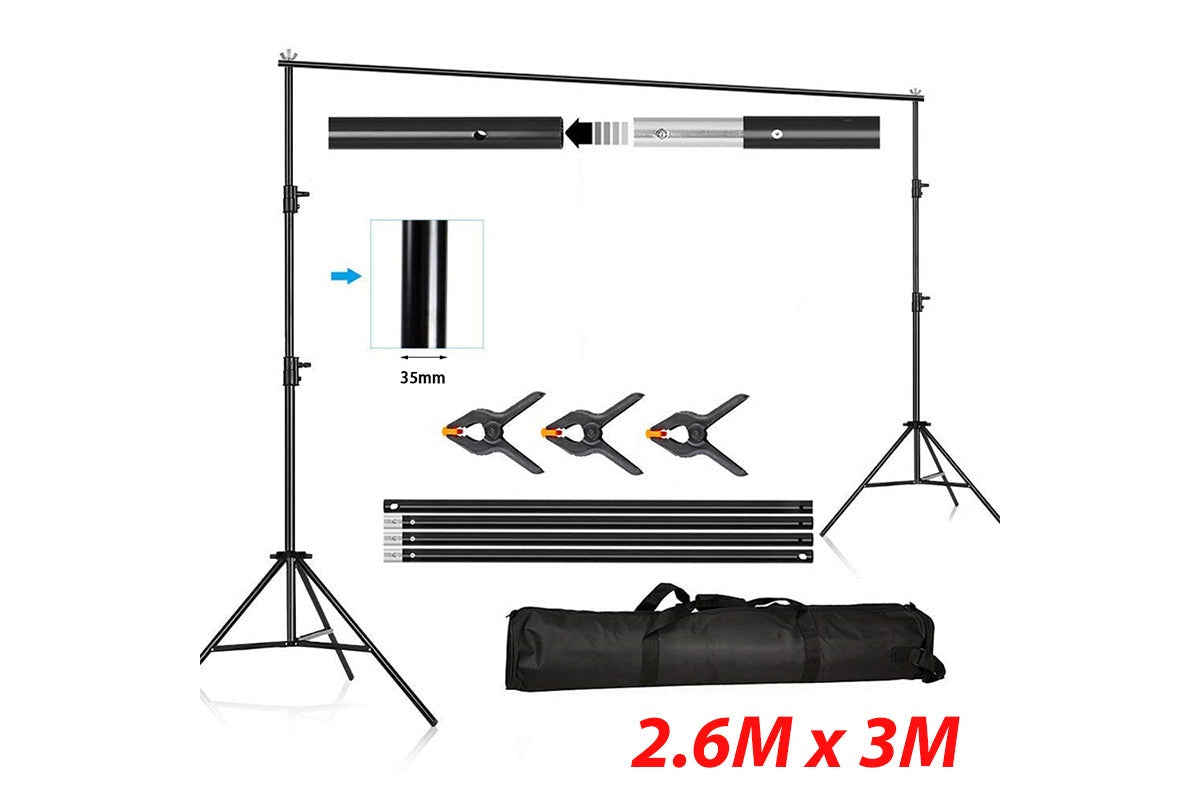 Adjustable height photo backdrop stand showing rotary knob