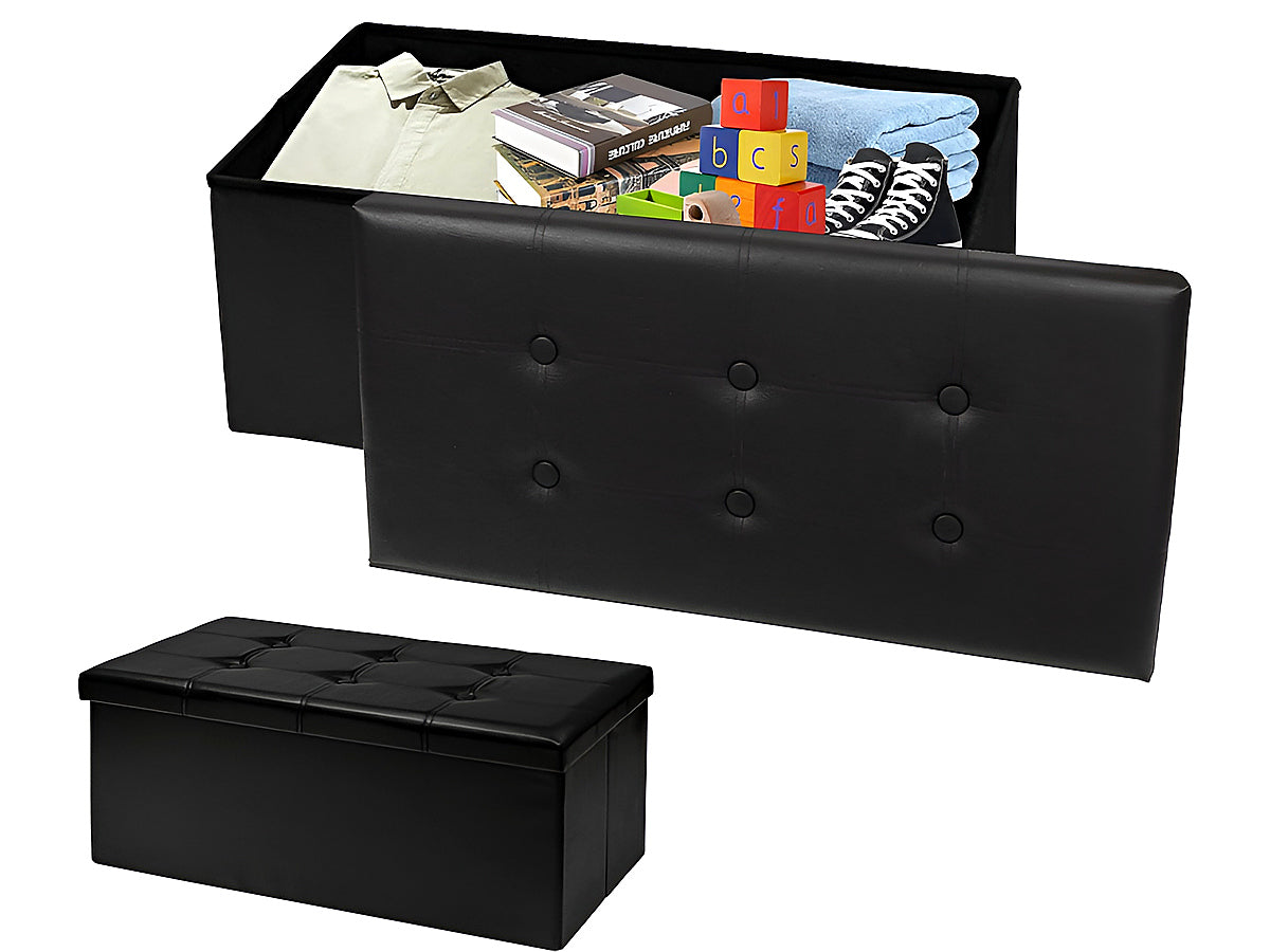 Close up of black faux leather texture on storage bench ottoman