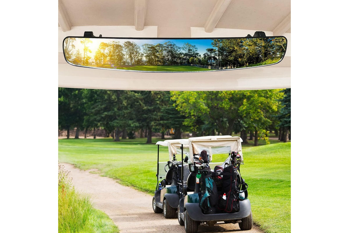 Close up of golf cart mirror with adjustable 270 degree angle
