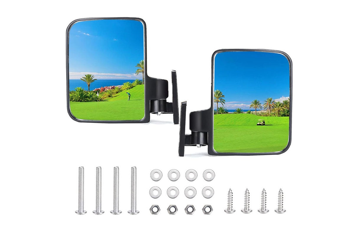 Rear view of golf cart side mirror with shatterproof glass