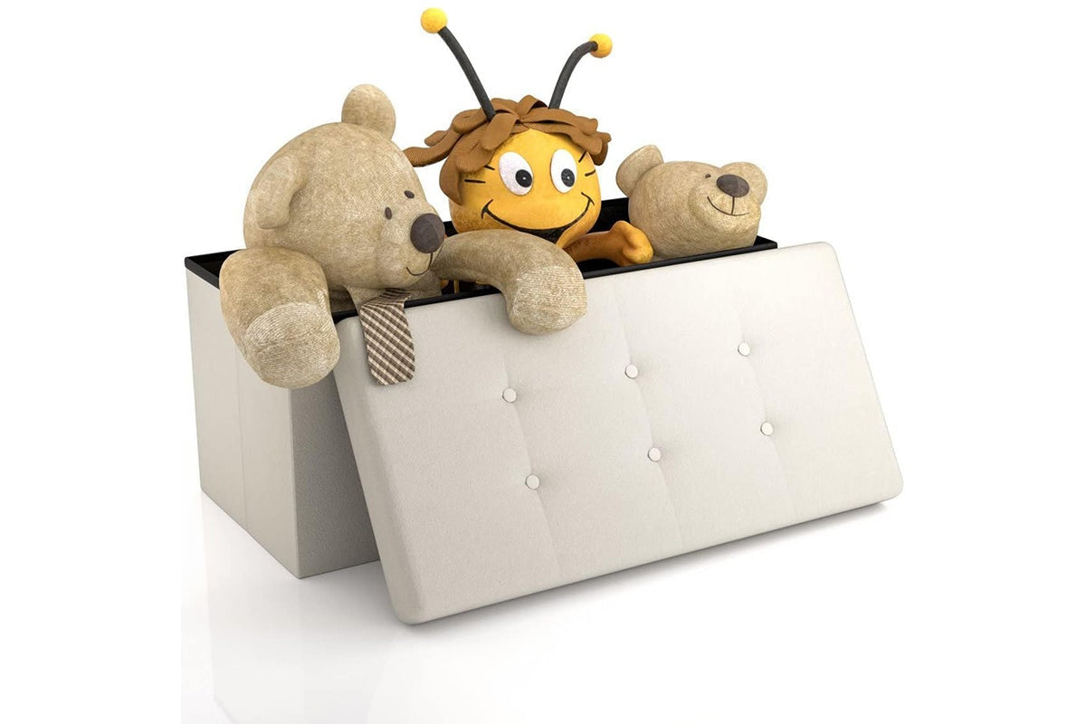 Side angle of storage bench ottoman showing foldable design