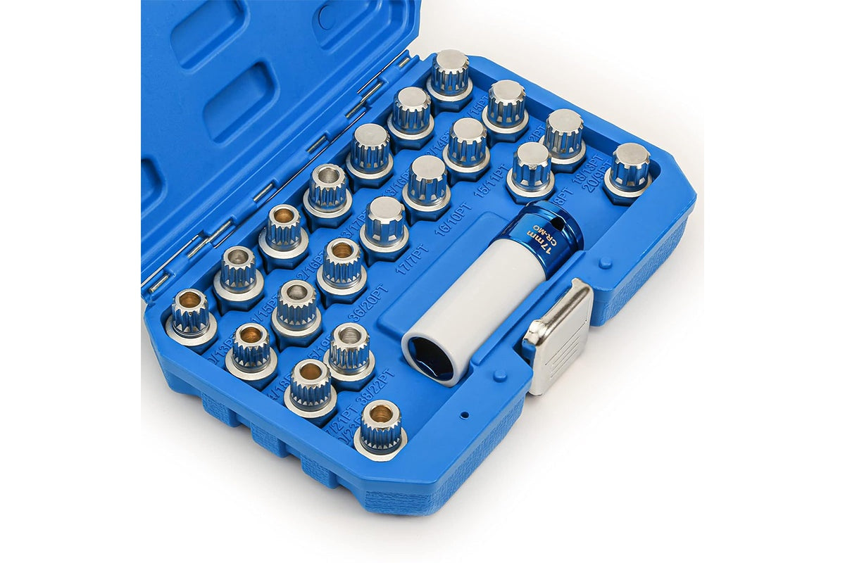 Close-up of heavy steel wheel nut sockets for BMW