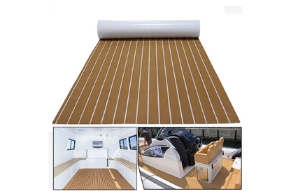 Close-up of marine carpet teak boat mat with white strip detail