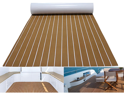 Brown marine carpet teak boat mat installed on deck surface