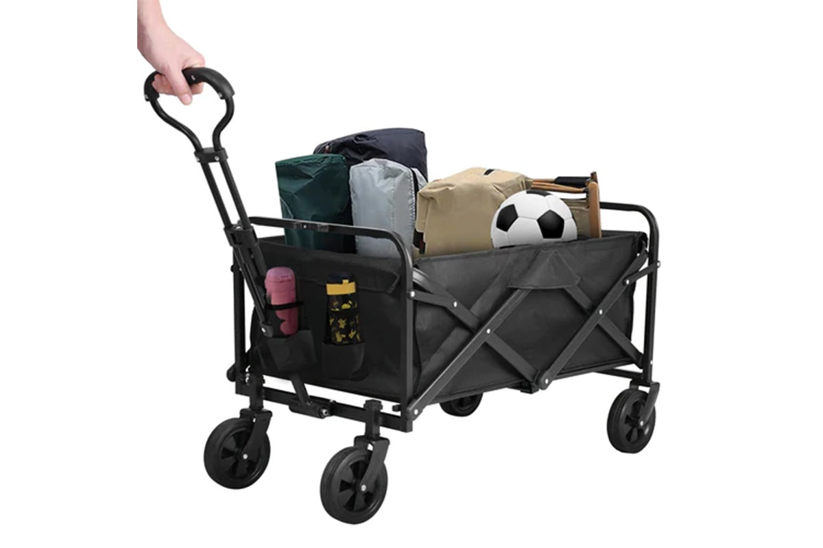 Close-up of folding garden wagon iron pipe frame in black