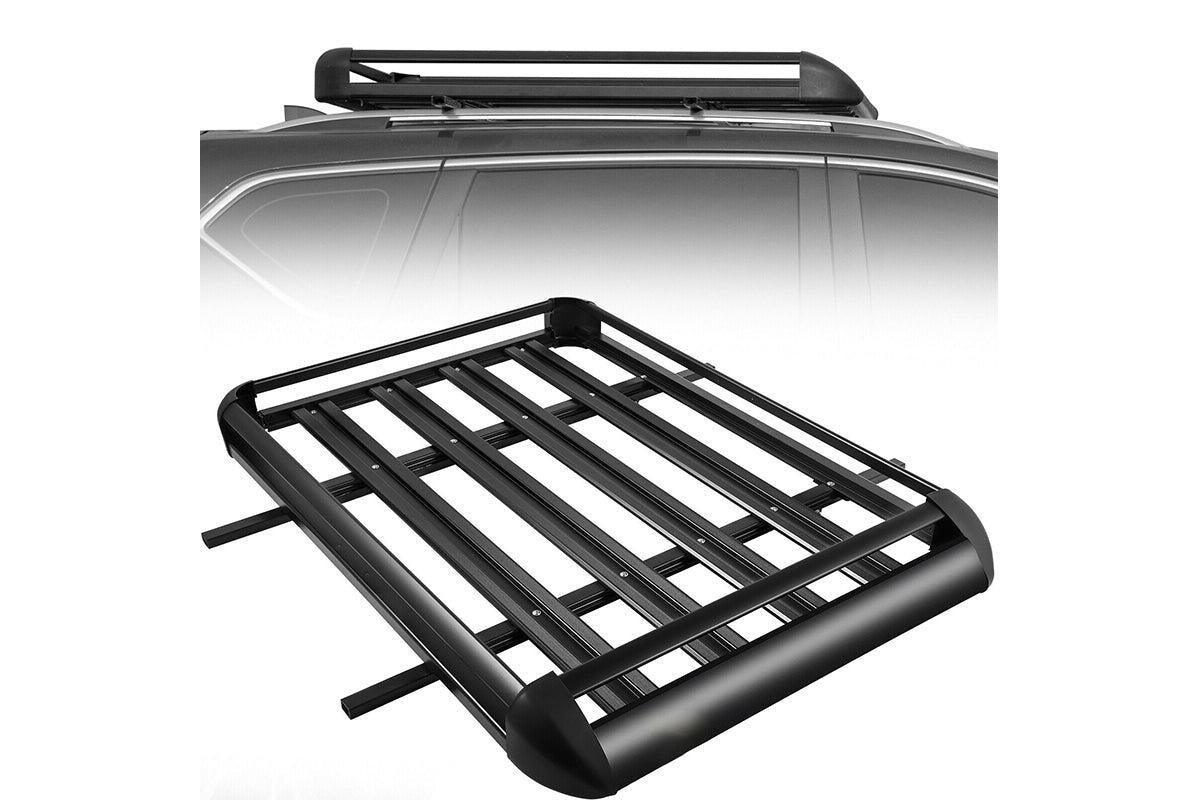 Side view of universal roof rack basket mounted on car roof bars