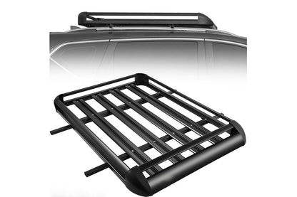 Side view of universal roof rack basket mounted on car roof bars