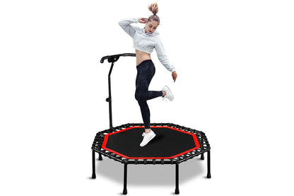 Side view of trampoline rebounder with adjustable handle at medium height