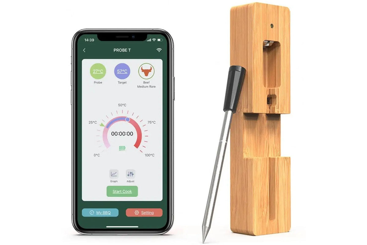 Silver meat thermometer showing digital display angle