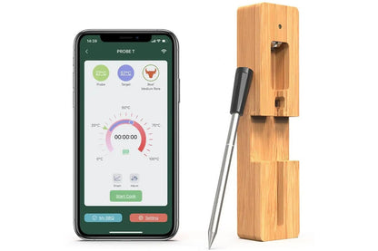 Silver meat thermometer showing digital display angle
